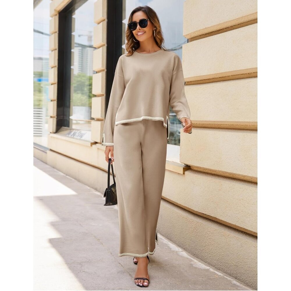 Women's Khaki Long Sleeve Knit Sweater Top & Wide Leg Pants Lounge Set - Picture 3 of 6